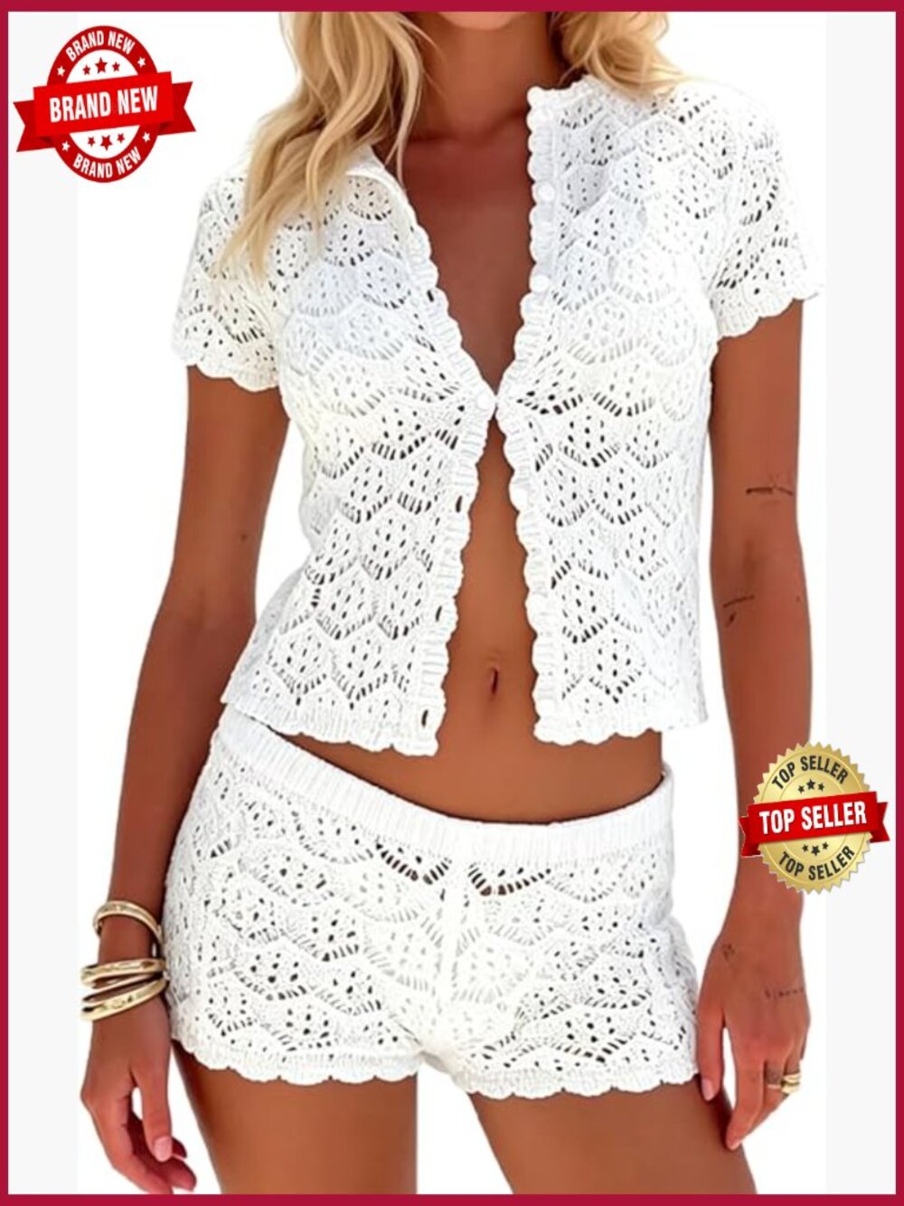 Crochet 2 Piece Sets Short Sleeve Summer Beach Vacation Outfits